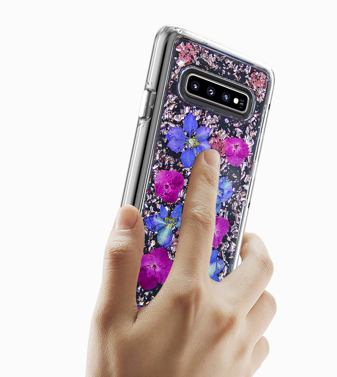 Galaxy S10+ (Plus) Luxury Glitter Dried Natural FLOWER Petal Clear Hybrid Case (Rose Gold Purple)